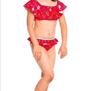 NWOT Deux Par deux two piece ruffled flamingo suit